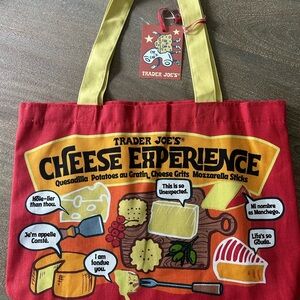 Trader Joe's reusable Cheese Adventures Red Tote with Yellow Handles